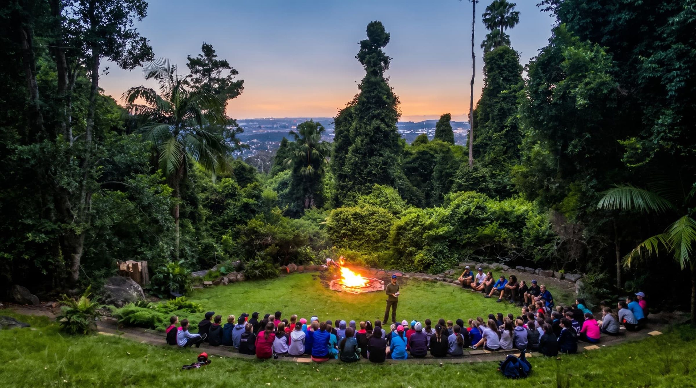 Students gathered around camp at dusk on a Southbound program